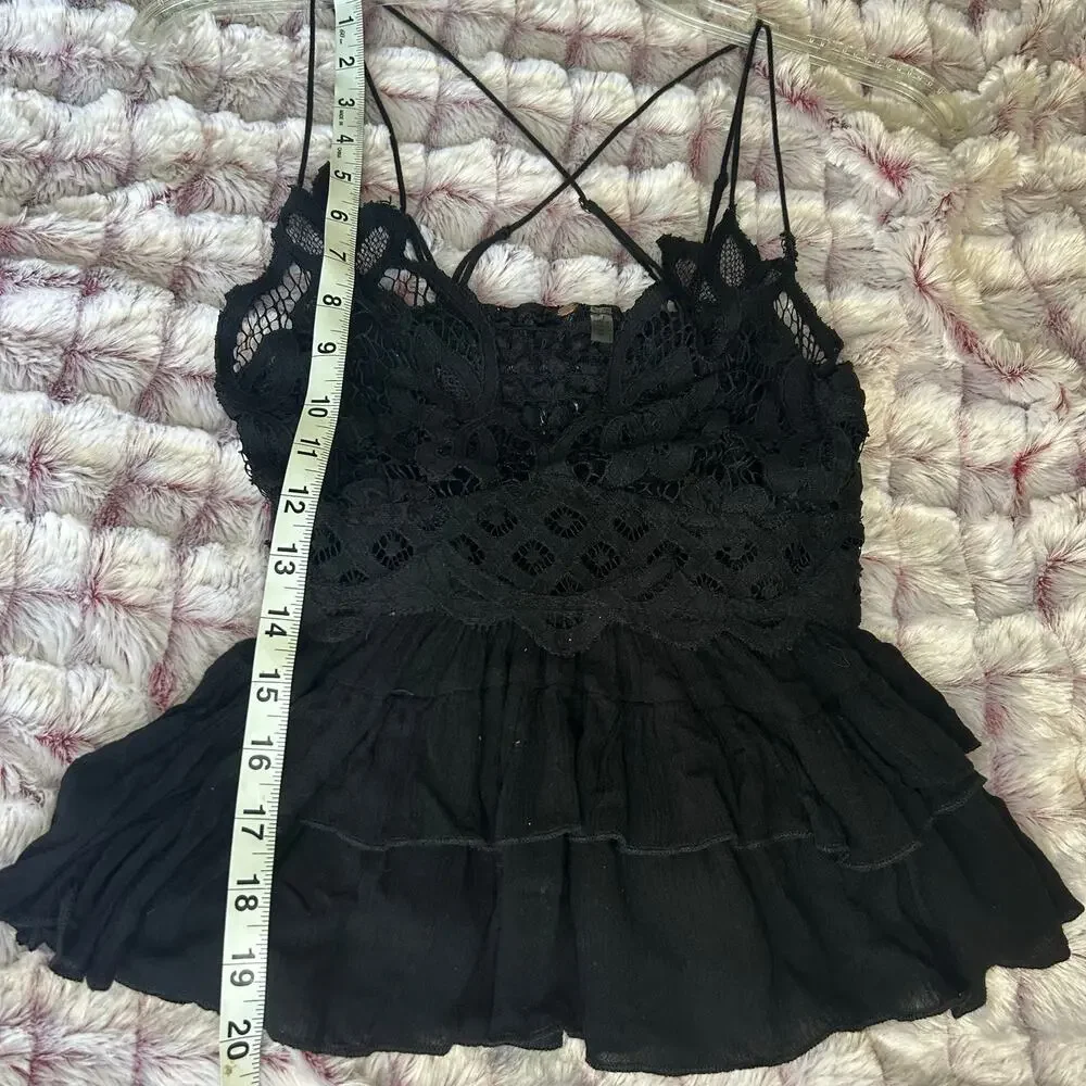Free People Lace Adella Cami black plunge neckline romantic fairy boho women S